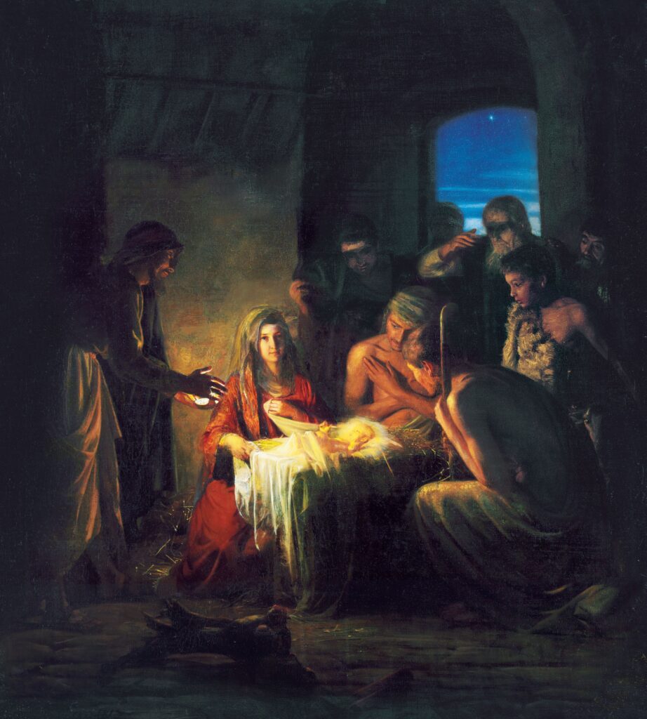 Die Freude am Dienen: Weihnachten als Erinnerung an die Spuren Christi 3 Jesus Christus als Baby in der Krippe mit seinen Eltern und den Hirten um ihn herum